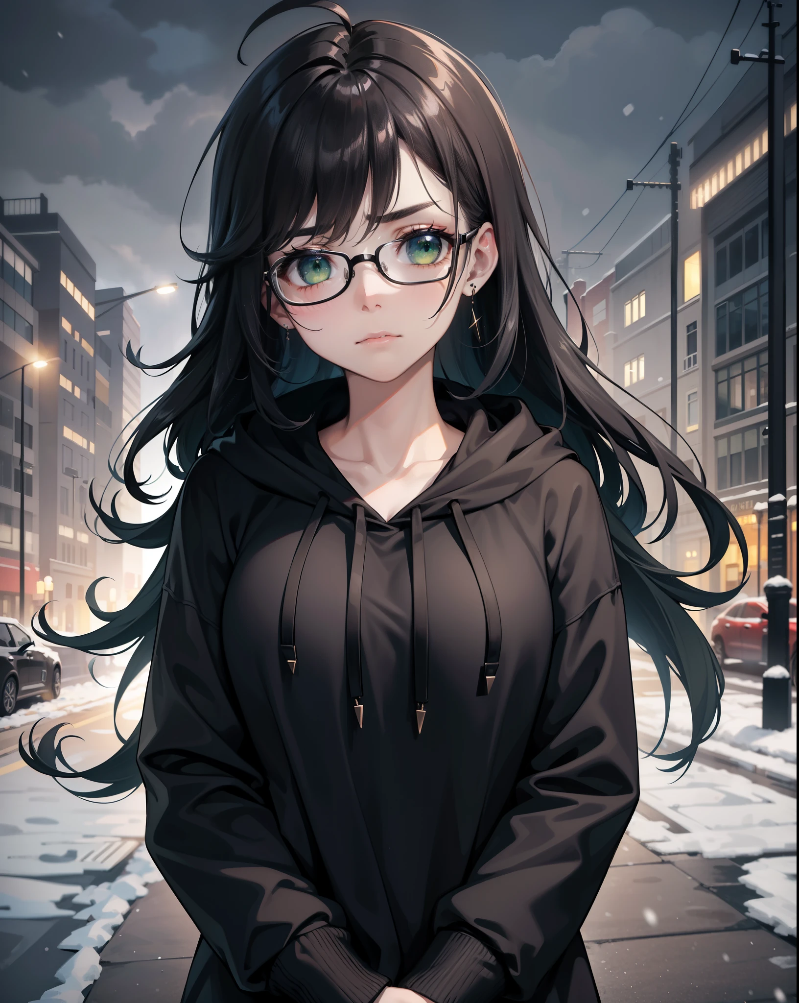 Best quality, volumetric lighting, cinematic lighting, masterpiece, ultra high res, 4k, (soft round detailed face), (sad expression), (detailed green eyes), bags under eyes, thick eyebrows, depressed, melancholy, (wearing rounded glasses), (very pale light skin), detailed black hair, ((long messy greasy hair)), (plain black hoodie), black stud earrings, black nail varnish, unwashed, unkempt, disheveled, sodium streetlamps, midnight, dark clouds, London, snow