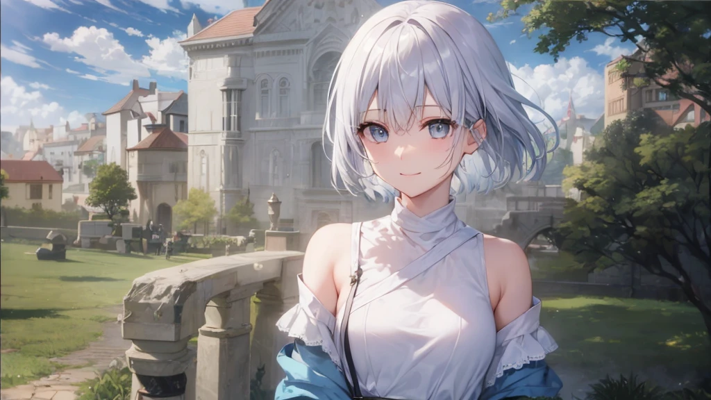 Her eyes were shining、Mysterious and enchanting atmosphere。With AI Painting、とてもShort Hair, Long bangs between the eyes, Very detailed,(masterpiece、Highest quality)、alone、Gray Hair、Fantasy, Silver Hair, Fantasyな風景、White shirt、smile、Open your mouth、Scarf、short hair、Short Hair、hairpin、black eye、Grey Eyes、Beautiful Eyes