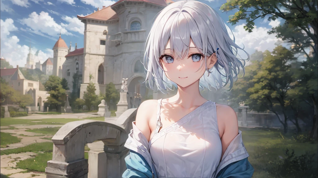 Her eyes were shining、Mysterious and enchanting atmosphere。With AI Painting、とてもShort Hair, Long bangs between the eyes, Very detailed,(masterpiece、Highest quality)、alone、Gray Hair、Fantasy, Silver Hair, Fantasyな風景、White shirt、smile、Open your mouth、Scarf、short hair、Short Hair、hairpin、black eye、Grey Eyes、Beautiful Eyes