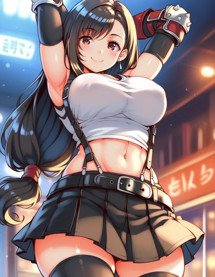 score_9, score_8_up, score_7_up,score_6, score_5,4k,rating_safe BREAK , (from below.from front,(breast focus),standing,straight-on,(arms up,arms behind head.),,(upperbody),looking_at_viewer ,1girl, tifa lockhart, final fantasy, tareme,black hair, low-tied long hair, red eyes, bangs, (white tank top, belt, pleated skirt, thighhighs, elbow fingerless gloves, elbow pads, midriff, navel,suspender skirt) ,large_breasts,(light smile),pantiesshot,,Solo,,(daytime and bar and city),detailed skin,(best quality),(aesthetic,very aesthetic),UHD,HDR,intricate detailed,anime,highly detailed,sharp focus,depth of field,,professional lighting,cinematic lighting, dancing breast, 　　