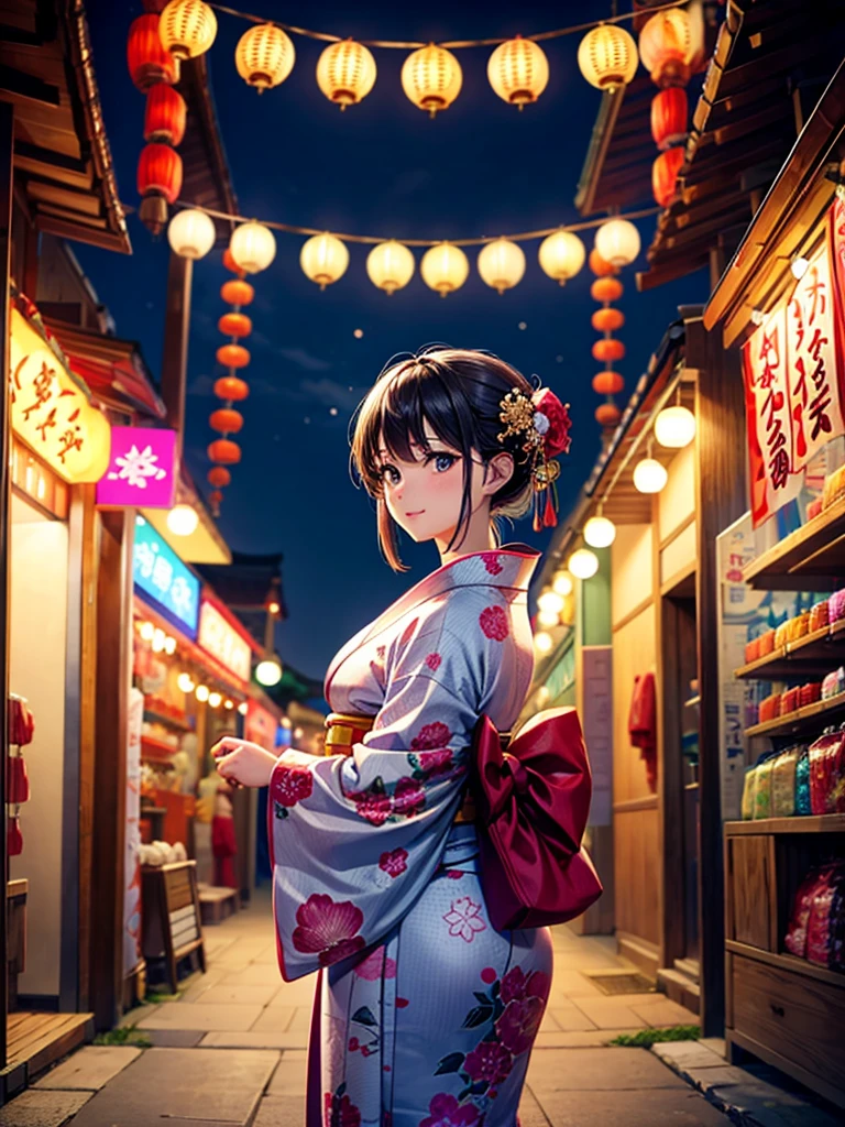 Highest quality,Highest Resolution,fair,Night Festival,shrine,Woman in yukata,stall,Opening a store,men and women,Couple,