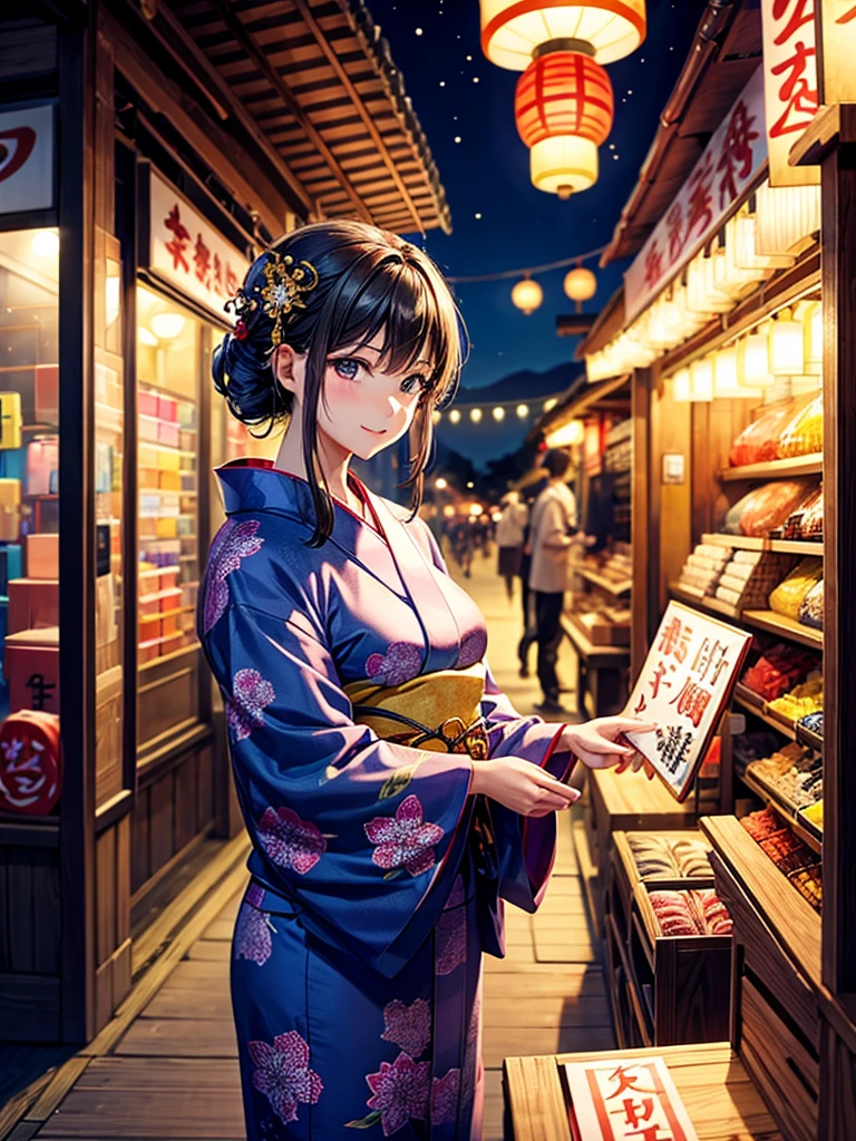 Highest quality,Highest Resolution,fair,Night Festival,shrine,Woman in yukata,stall,Opening a store,men and women,Couple,