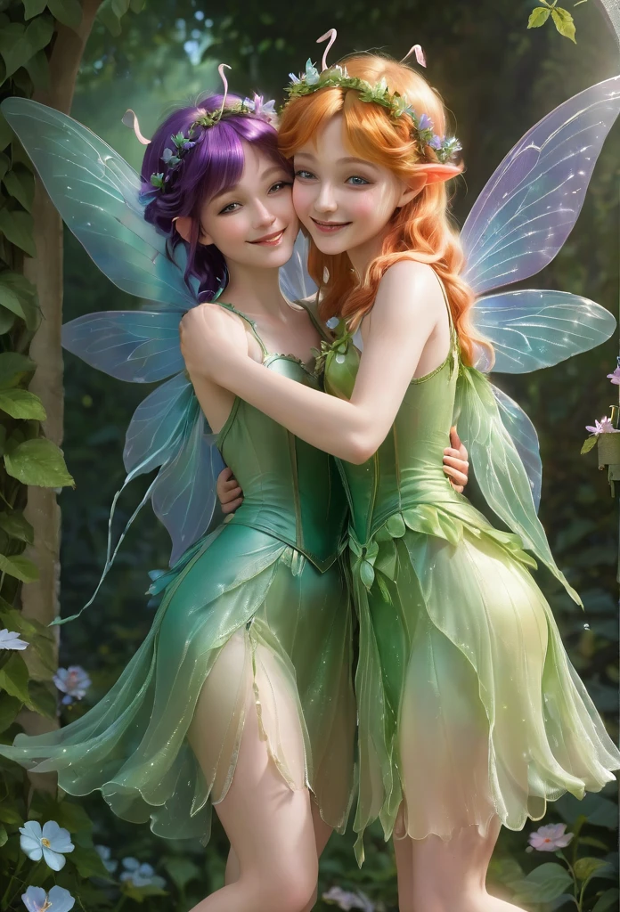 Two friendly fairies hugging each other 