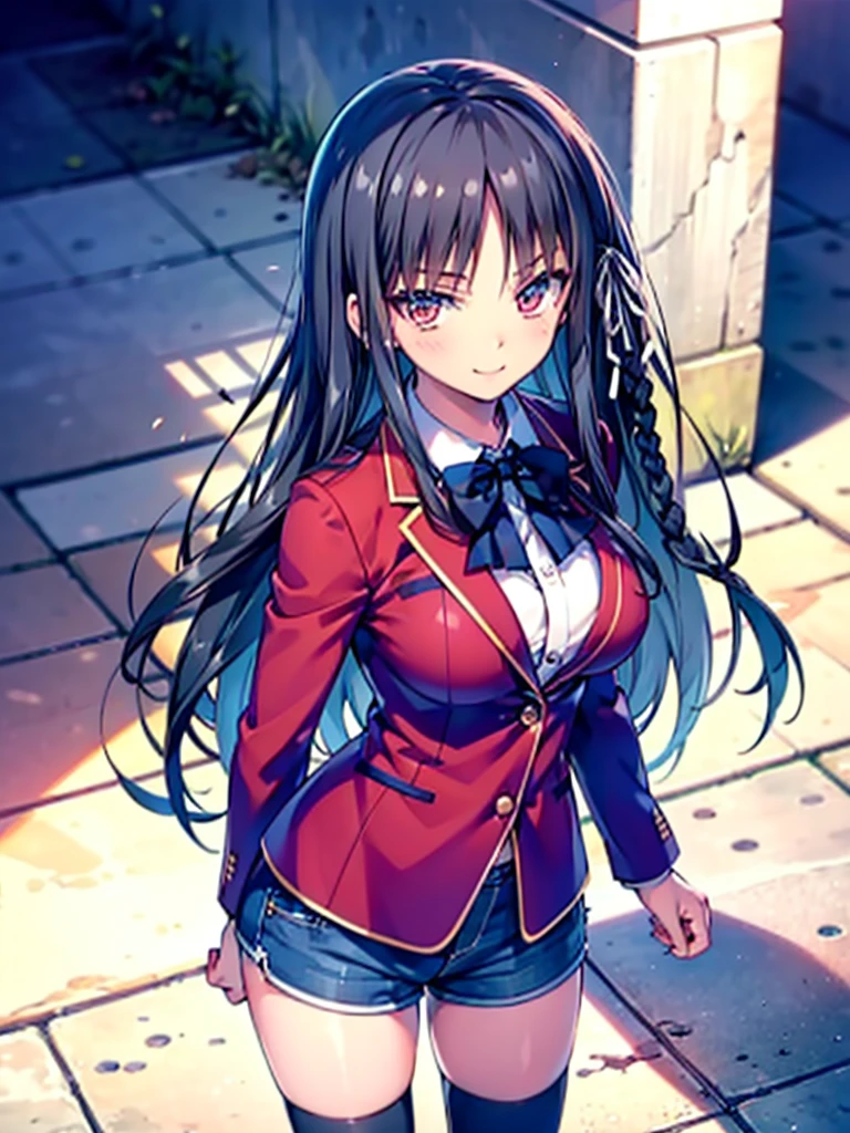 (8K, Highest quality, Highest quality, masterpiece), aasuzune, long hair, black hair, (single braid:1.2), hair ribbon, red jacket, blazer, blue bowtie, long sleeves, black thighhighs, smile, denim hot shorts, mini shorts, big breasts