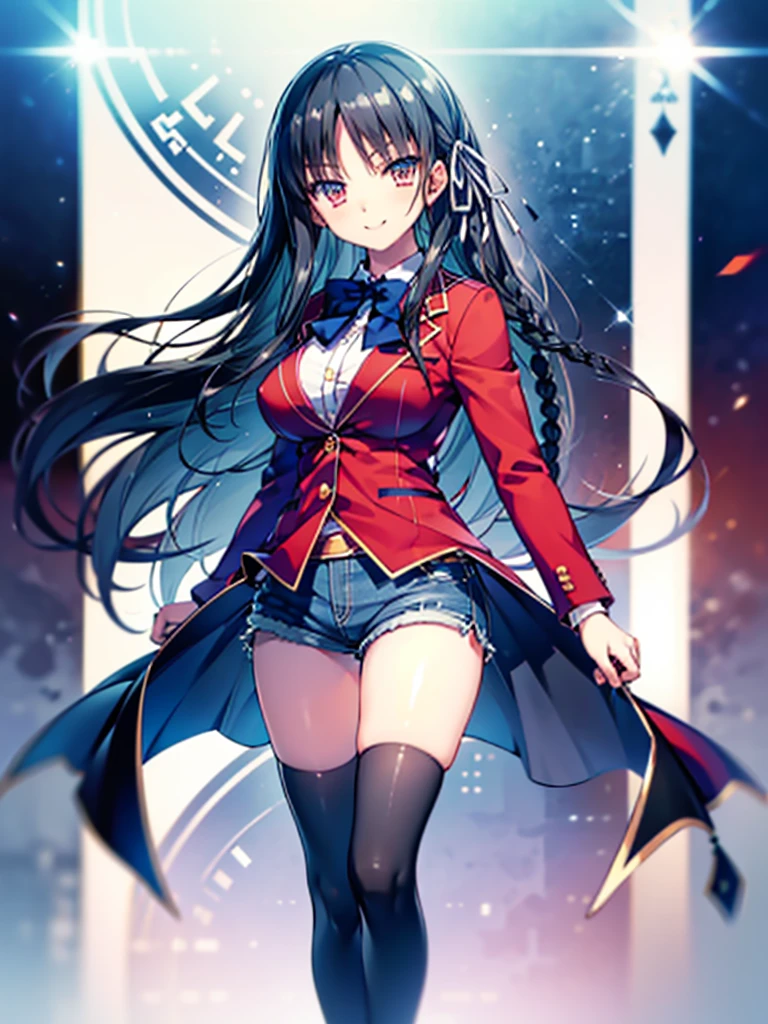 (8K, Highest quality, Highest quality, masterpiece), aasuzune, long hair, black hair, (single braid:1.2), hair ribbon, red jacket, blazer, blue bowtie, long sleeves, black thighhighs, smile, denim hot shorts, mini shorts, big breasts