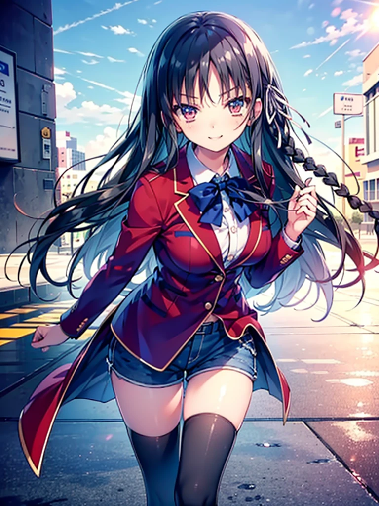 (8K, Highest quality, Highest quality, masterpiece), aasuzune, long hair, black hair, (single braid:1.2), hair ribbon, red jacket, blazer, blue bowtie, long sleeves, black thighhighs, smile, denim hot shorts, mini shorts, big breasts
