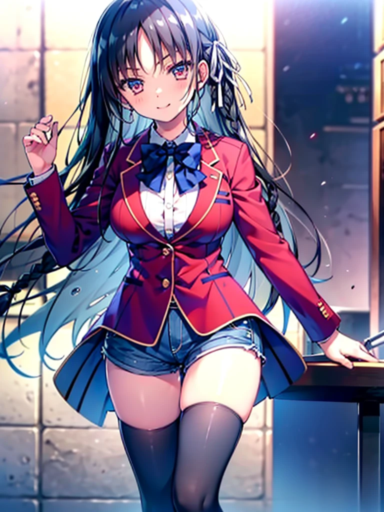 (8K, Highest quality, Highest quality, masterpiece), aasuzune, long hair, black hair, (single braid:1.2), hair ribbon, red jacket, blazer, blue bowtie, long sleeves, black thighhighs, smile, denim hot shorts, mini shorts, big breasts