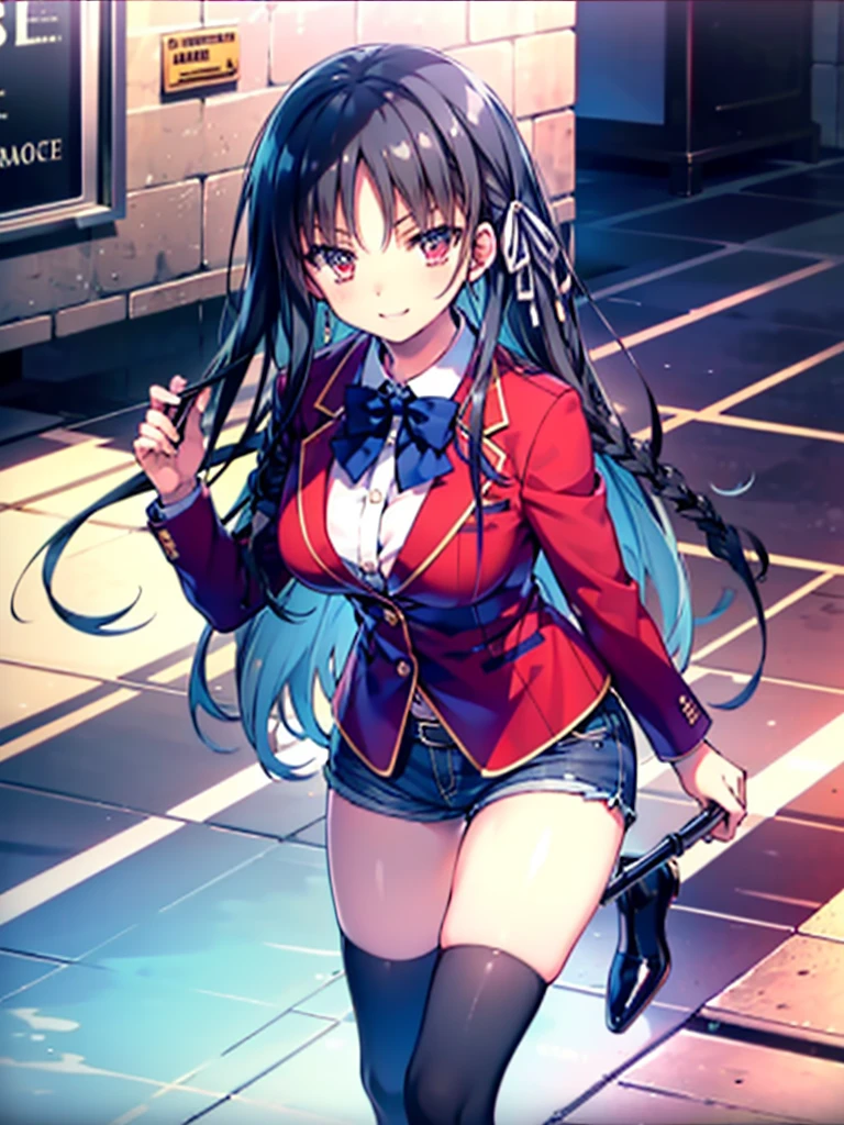 (8K, Highest quality, Highest quality, masterpiece), aasuzune, long hair, black hair, (single braid:1.2), hair ribbon, red jacket, blazer, blue bowtie, long sleeves, black thighhighs, smile, denim hot shorts, mini shorts, big breasts