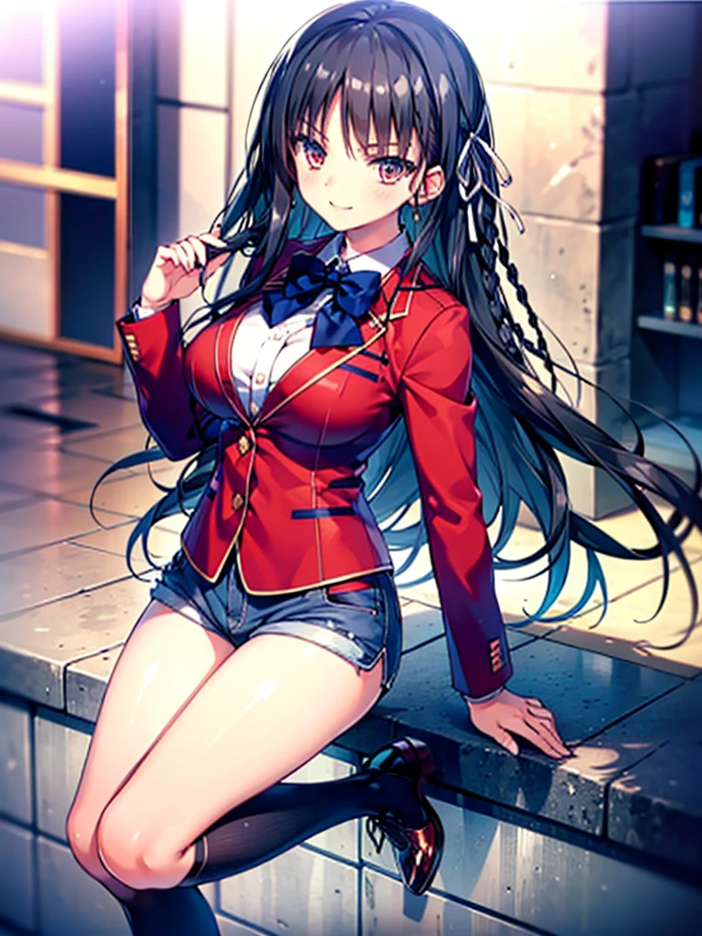 (8K, Highest quality, Highest quality, masterpiece), aasuzune, long hair, black hair, (single braid:1.2), hair ribbon, red jacket, blazer, blue bowtie, long sleeves, black thighhighs, smile, denim hot shorts, mini shorts, big breasts