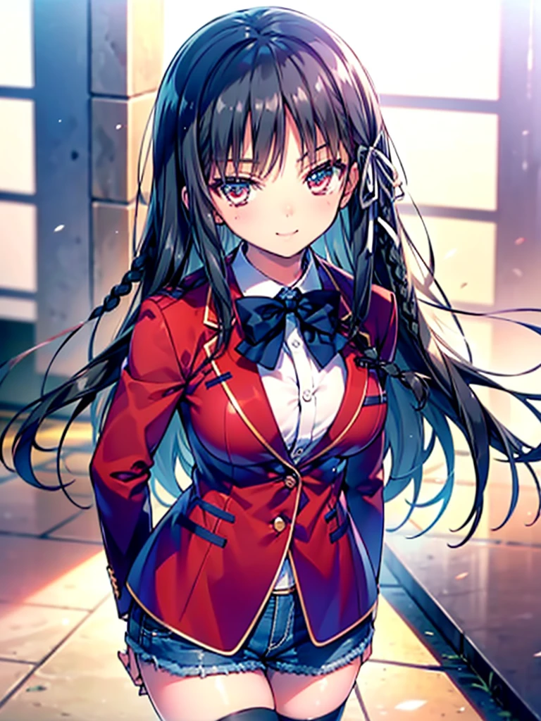 (8K, Highest quality, Highest quality, masterpiece), aasuzune, long hair, black hair, (single braid:1.2), hair ribbon, red jacket, blazer, blue bowtie, long sleeves, black thighhighs, smile, denim hot shorts, mini shorts, big breasts