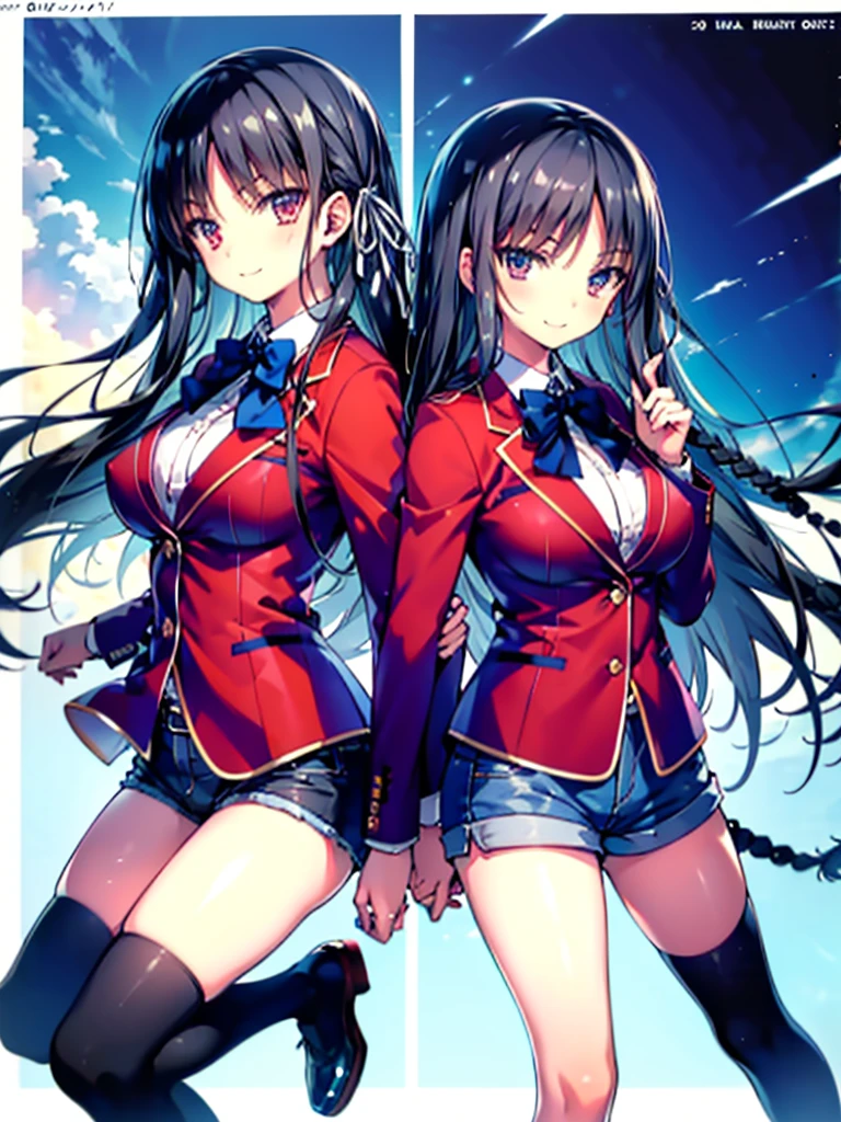 (8K, Highest quality, Highest quality, masterpiece), aasuzune, long hair, black hair, (single braid:1.2), hair ribbon, red jacket, blazer, blue bowtie, long sleeves, black thighhighs, smile, denim hot shorts, mini shorts, big breasts
