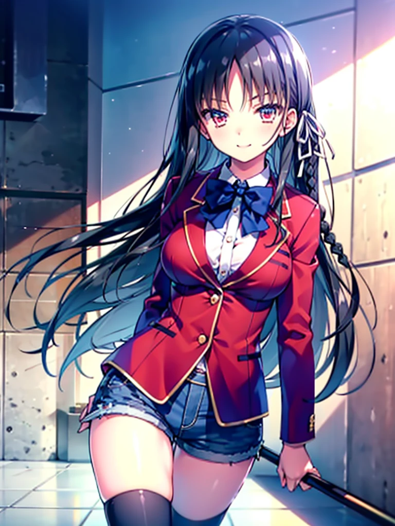 (8K, Highest quality, Highest quality, masterpiece), aasuzune, long hair, black hair, (single braid:1.2), hair ribbon, red jacket, blazer, blue bowtie, long sleeves, black thighhighs, smile, denim hot shorts, mini shorts, big breasts