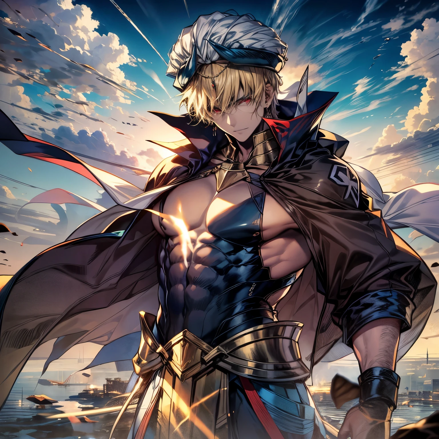 8K, Mouthpiece, ((One beautiful man)),((Fate Stay Night Drawing)), Gilgamesh Male Solo, Emperor, whole body, Fighting on a Desolate Hill, Visibility is poor due to dust, ((One beautiful man)), ((Red eyes)), Long Hair, blonde, Wrap a turban around your head, (background: Countless swords floating in the air, All facing the same direction, Different types of swords),