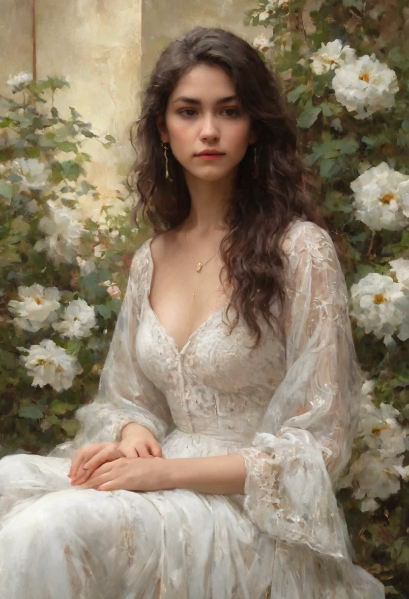 (Highest quality,4K,8K,High resolution,masterpiece:1.2),Super detailed,(Realistic,Realistic,Photorealistic:1.37),oil,Omar Layan ,Beautiful detailed girl,Shoulder-length hair,Brown Hair,Straight Hair,Sit on a bench,Holding flowers,Klimt,many,Emil Vernons,Illustration,Shiny texture,Lush garden,Natural light,Dreamy atmosphere,Bright colors,Graceful posture,Detailed facial features,Curly Hair,Delicate brushwork,Elegant dress,Feminine elegance,Artistic interpretation,Fantasy elements,Subtle emotions,Otherworldly beauty,A melancholic look,Harmonious composition,Impressionist style,Gold accents,Gorgeous patterns,White Dress,Dresses with sheer underwear,See-through underwear,Small nipples,