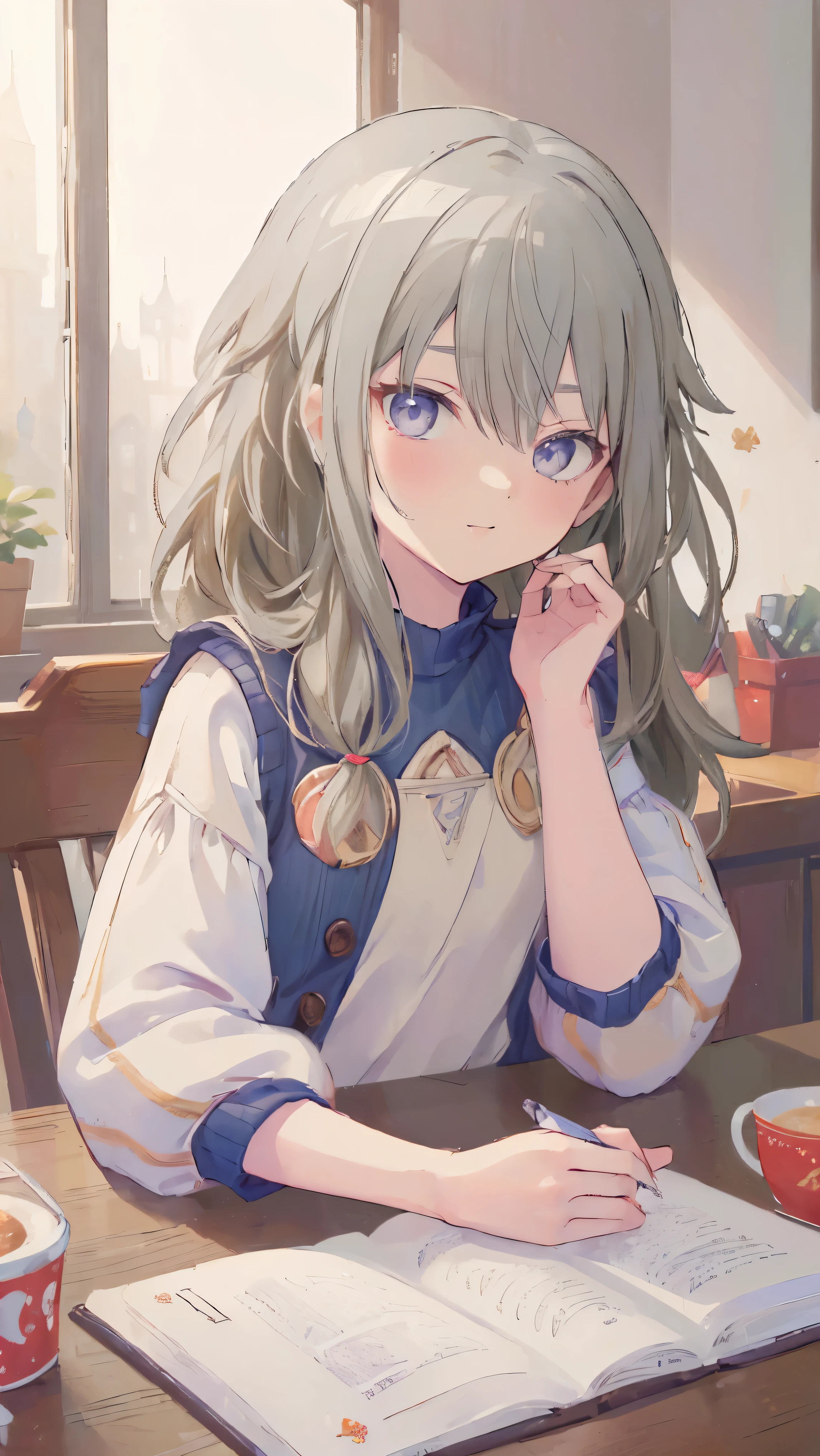 (masterpiece, Highest quality:1.6),Best image quality、Highest quality、Perfect lighting,masterpiece、Best image quality、Highest quality、Lori、Girl、、smile、Show your hand, Put your elbows on the table, Slap in the face、Chest close-up, , Sleeveless, Knitted sweater