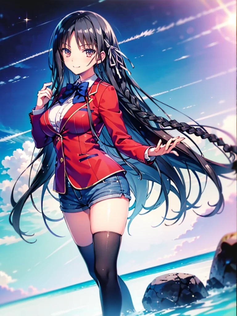 (8K, Highest quality, Highest quality, masterpiece), aasuzune, long hair, black hair, (single braid:1.2), hair ribbon, red jacket, blazer, blue bowtie, long sleeves, black thighhighs, smile, denim hot shorts, mini shorts, big breasts