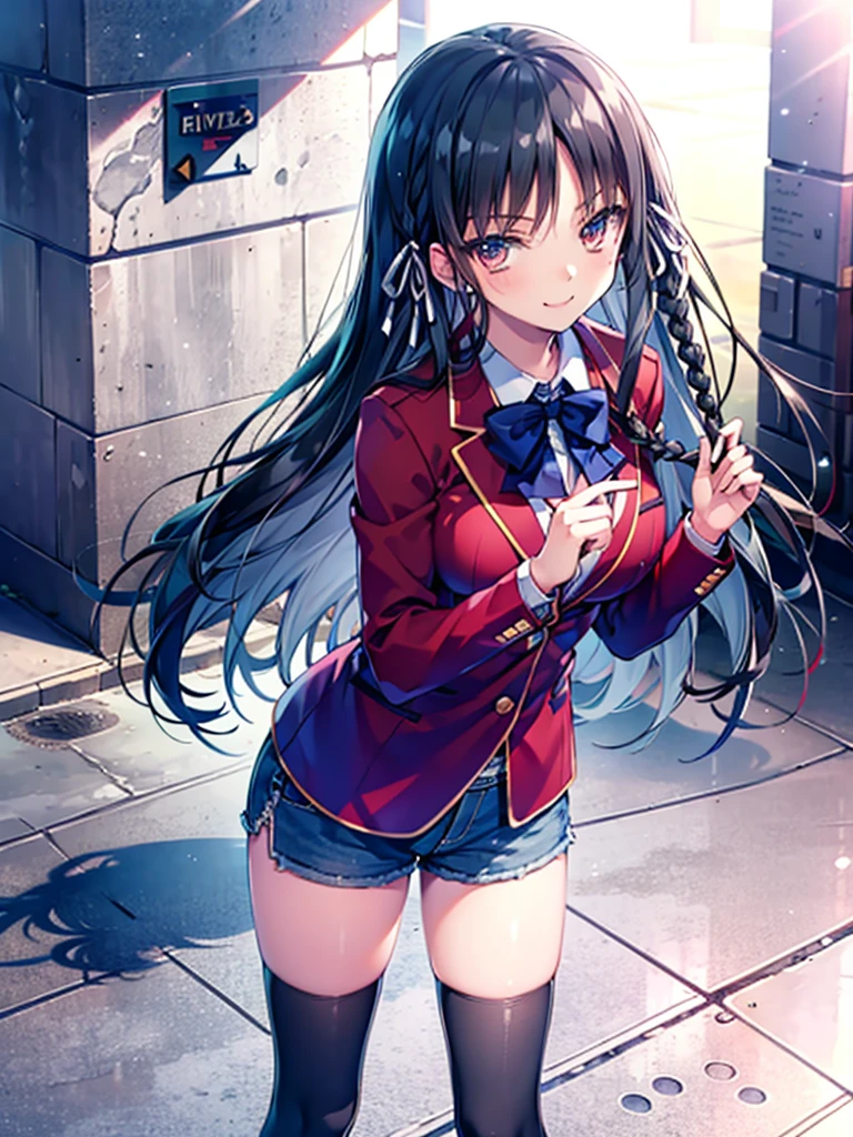 (8K, Highest quality, Highest quality, masterpiece), aasuzune, long hair, black hair, (single braid:1.2), hair ribbon, red jacket, blazer, blue bowtie, long sleeves, black thighhighs, smile, denim hot shorts, mini shorts, big breasts