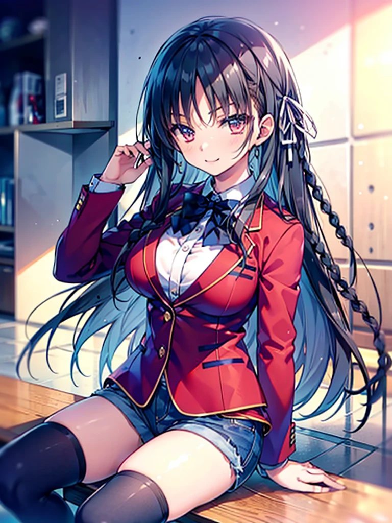 (8K, Highest quality, Highest quality, masterpiece), aasuzune, long hair, black hair, (single braid:1.2), hair ribbon, red jacket, blazer, blue bowtie, long sleeves, black thighhighs, smile, denim hot shorts, mini shorts, big breasts