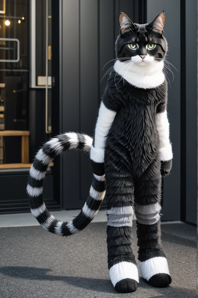 Black and gray striped cat, with half a robot body and a big fluffy tail 