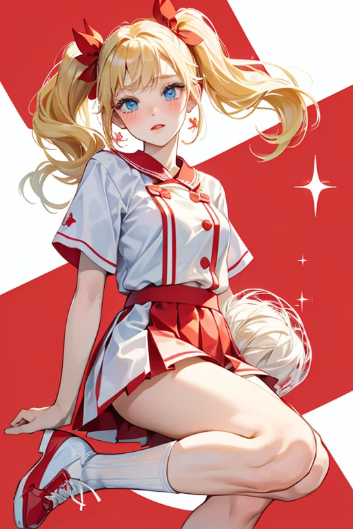She has blushed cheeks and red lips, her skin is white with baby blue eyes. Her blonde hair is worn in pigtails with red bows and loose bangs. She wears a red and white cheer-leader uniform with a B on the chest, and matching shoes with white socks. SPARKLE; GLITTER