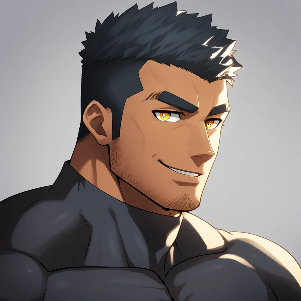 anime characters:Gyee, Muscle Sports Student, negro black skin, 1 dark skin muscular tough guy, Manliness, male focus, Dark grey high collar long sleeve wetsuit, Matte texture, Very tight, Round, full and perky chest muscles, Slightly transparent, muscular male, muscular, only, Upper body, alone, Black short hair, Thick eyebrows, stubble, Yellow eyes, Grey background, simple background, amazing quality, best aesthetics, Ridiculous, bright pupils, crew cut, parted lips, seductive smile, torogao, naughty face, best quality