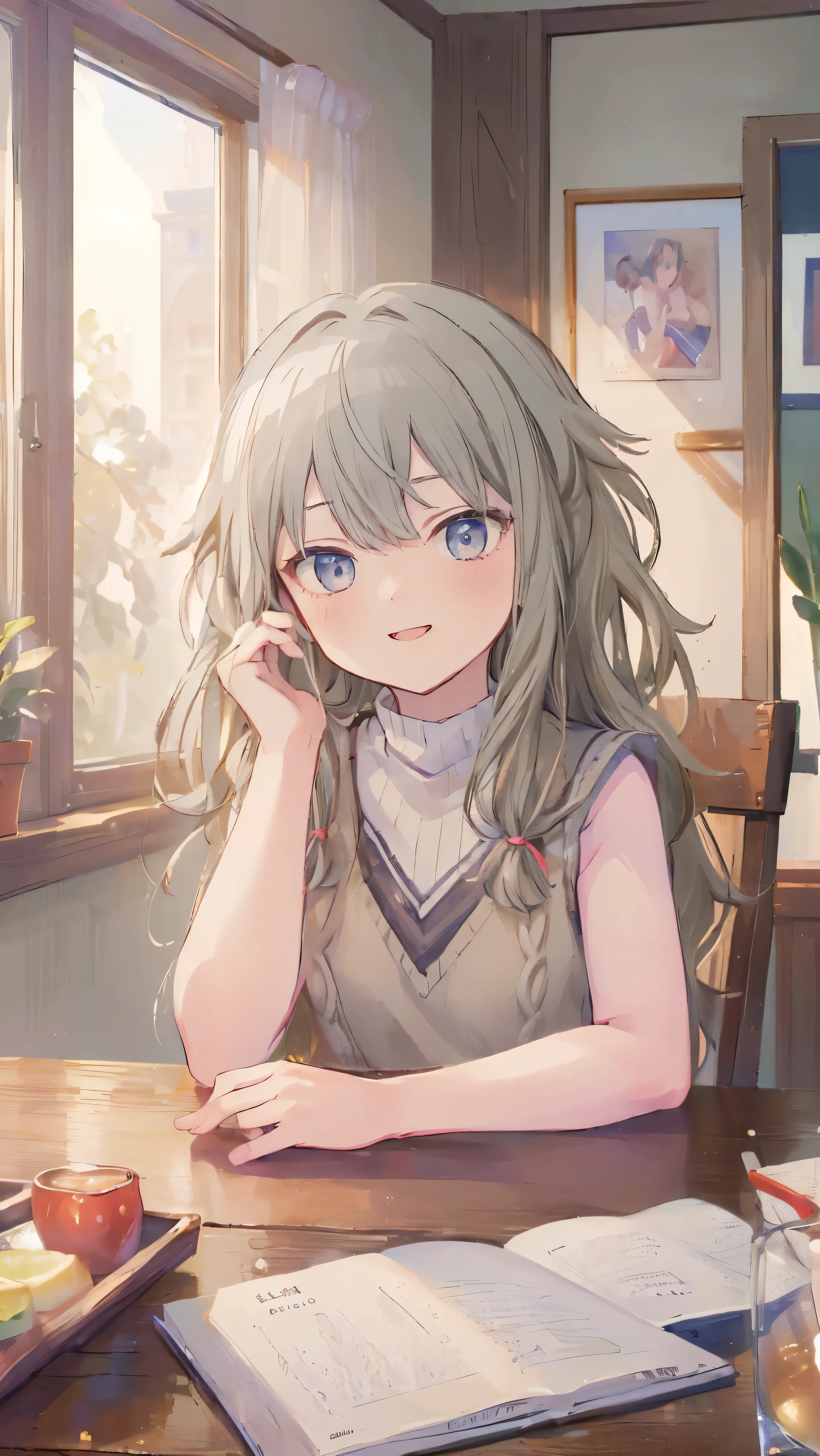 (masterpiece, Highest quality:1.6),Best image quality、Highest quality、Perfect lighting,masterpiece、Best image quality、Highest quality、Lori、Girl、、smile、Show your hand, Put your elbows on the table, Slap in the face、Chest close-up, , Sleeveless, Knitted sweater