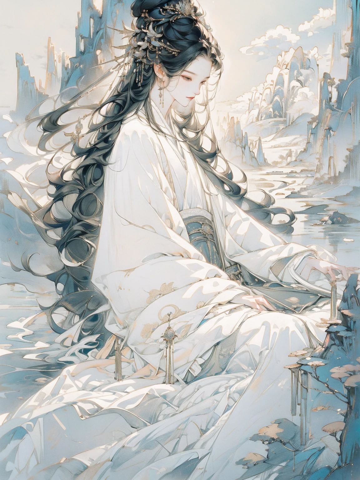 masterpiece, best quality, 4K, absurd, Beautiful background, 2 boys, Long skirt, White, Sitting by the river, Central Composition, White , Black Hair, Dreamy, Sky, Long hair, pond, Distant Mountains, Central Composition, dream, fantasy, close up, (Sky), outdoor, Long eyes, No overdose, no ribbon, Blurred background, (Hair accessories are not allowed), light, light, Sunlight, light effects, CG digital rendering,