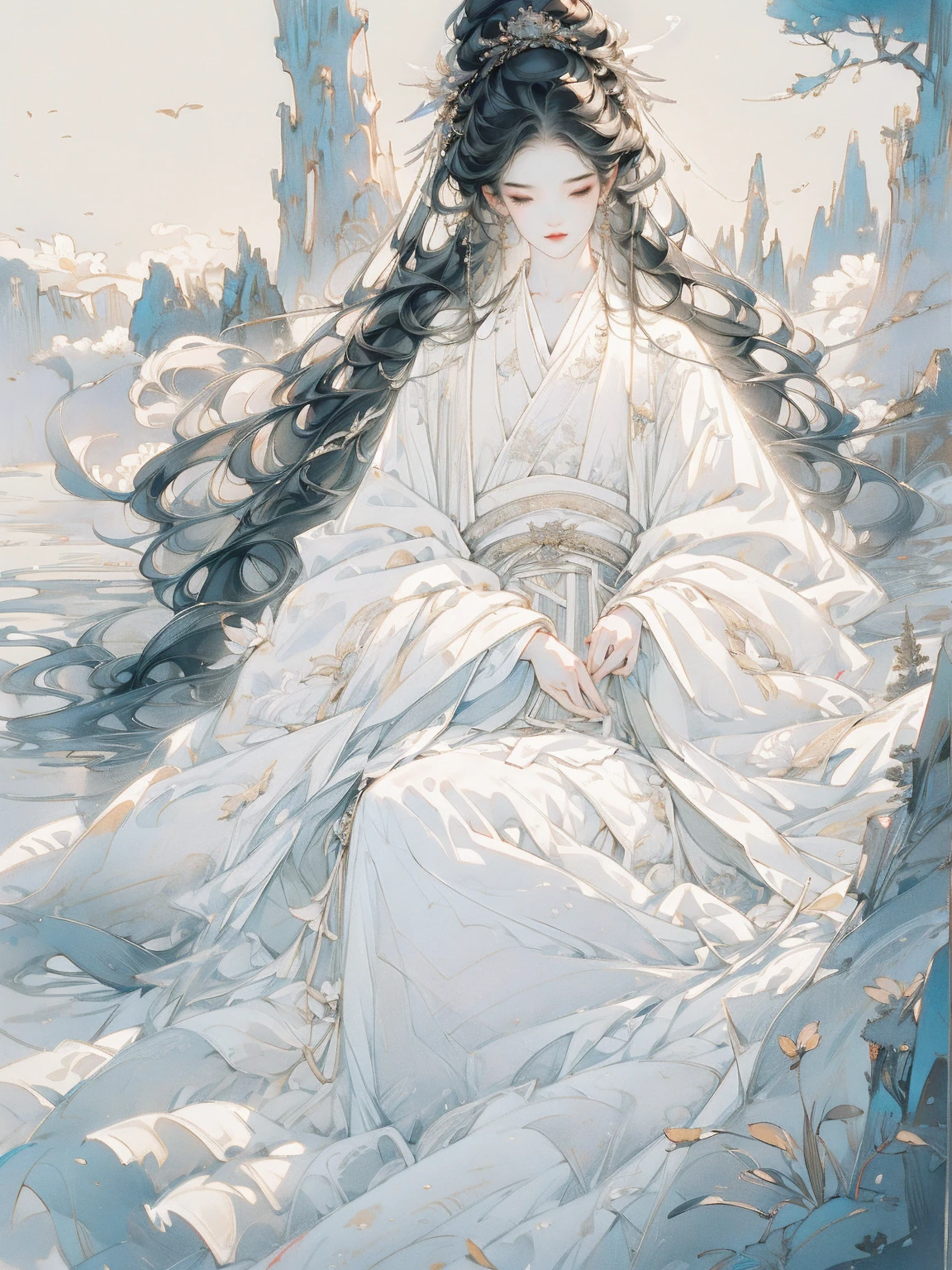 masterpiece, best quality, 4K, absurd, Beautiful background, 2 boys, Long skirt, White, Sitting by the river, Central Composition, White , Black Hair, Dreamy, Sky, Long hair, pond, Distant Mountains, Central Composition, dream, fantasy, close up, (Sky), outdoor, Long eyes, No overdose, no ribbon, Blurred background, (Hair accessories are not allowed), light, light, Sunlight, light effects, CG digital rendering,