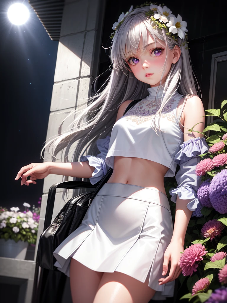 Realistic, One girl, Gray Hair, Purple eyes, Glowing Eyes, Crop top, skirt, Part your lips, blush, night, Flowers, sun, sunlight, white skirt, short skirt, Medium length hair, Genuine, Warm colors, White short dress, White clothes, Light background color, Daytime environment, Light color background, Saudi, Ocean, cute,