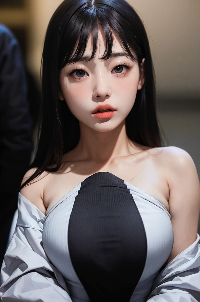 masterpiece, best quality, (dark photo:1.3), photorealistic, 1girl, flat bangs, stunning innocent symmetry face, shirt, emotional, ulzzang, (PureErosFace_V1:0.7), hourglass figure