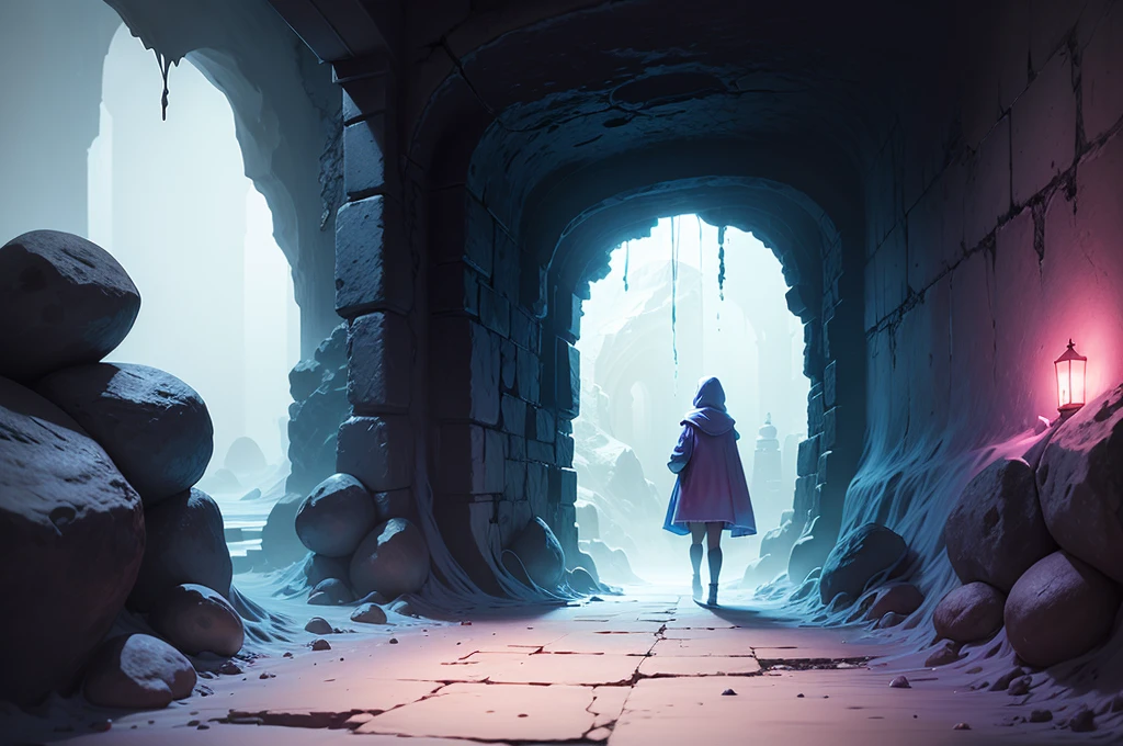 small cloaked girl enters dungeon, from behind, back shot, dark stone passage, fantasy dungeon, dim pink and blue lighting, white slime, mist