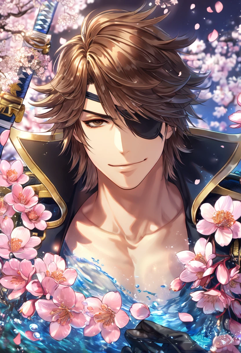 absurdres, highres, ultra detailed, HDR, master piece, Date Masamune, medium brown hair, expressive brown eye, black eye patch on his right eye, Sengoku Basara, sexy man, handsome, best quality, blossoms, pink petals, pink flowers, fantasy, magical, blue shining fireflies, solo, water, smirking, blue and black clothes, black gloves