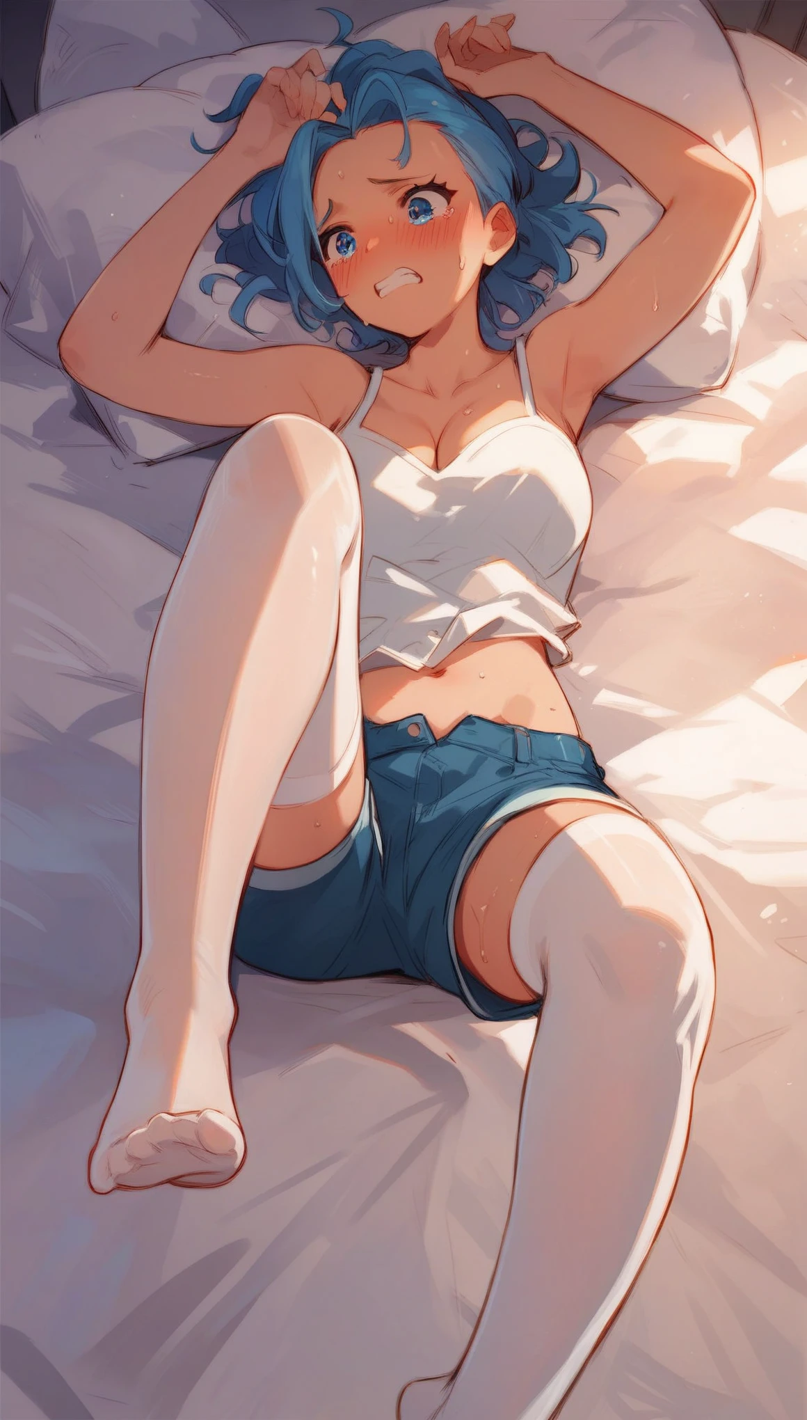 score_9,score_8_up,score_7_up,source_anime,Lying on the bed,a woman in a cosplay costume sat on the bed with her hands on her head,panicked expression,blushing and sweating,white stockings,no shoes,sweating,scared looking,scorching environment,casual shorts,struggling,