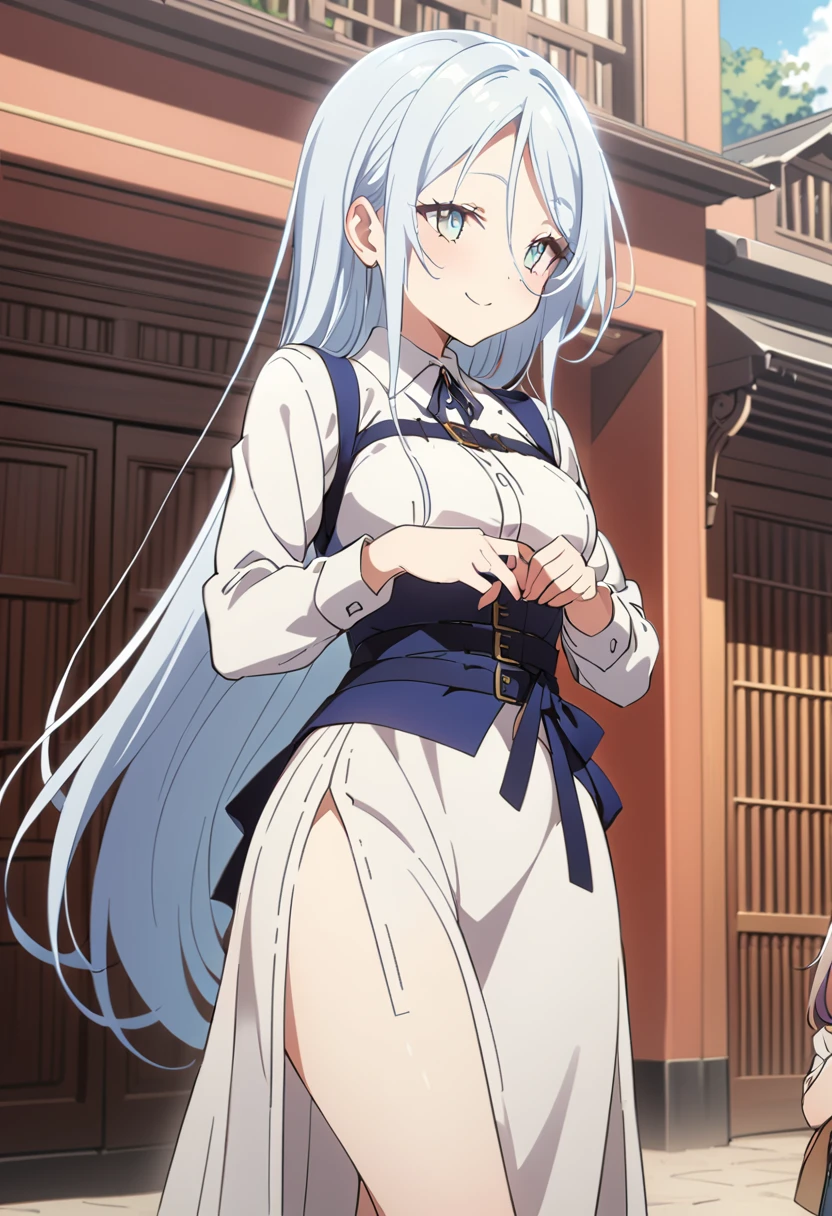 Sylpha, One girl, Long Hair, chest, smile, blue eyes, dress, Braiding, Gray Hair, Outdoor, null, Focus Only, Day, belt, black belt, (perfect hands, perfect anatomy),High resolution,
Break slender limbs, delicate curves, dainty hands,figure:0.8, highly detailed face, detailed eyes,growing eyes,shiny skin,fine skin,white skin,dense skin,detailed hair,highly detailed legs,
perfect lighting, Detailed CG, 