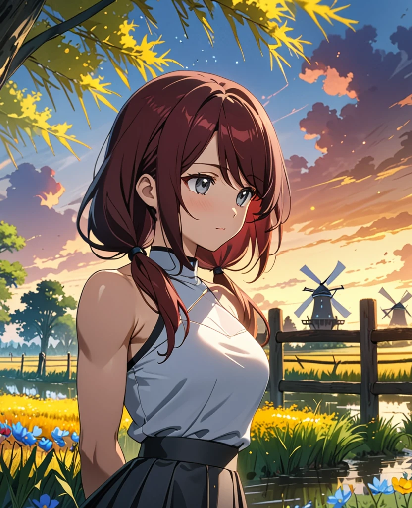 Highest Quality, masterpiece, light particles, golden field, distant windmills, ((close up, character focus)), gray eyes, dark red hair in low twin tails, swept bangs, stoic, looking at flowers, sleeveless gray halter neck collared top, skirt, black boots, hands behind back, toned arms, fence, willow trees, swamp, dusk, colorful flowers, tall weeds, clouds, people in background, anime