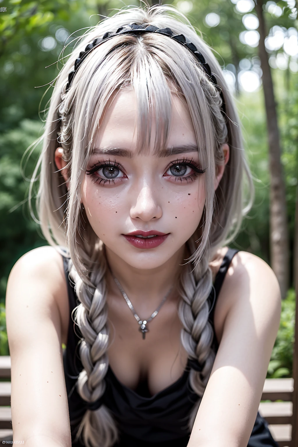 Realistic, masterpiece, Highest quality, Highest Resolution, High Detail, Soft Light, Professional Lighting, Backlight, Film Grain, The background is blurred, Japanese , (The subject was photographed from below, The subject does not look at the camera:1.3), 16 years old, Upper body photo, Looks sleepy, inattention, Grinning, Open your mouth, Beautiful and detailed eye drawing, (Droopy eyes:1.3), Dark Eyes, Thin eyebrows, Draw eyelashes carefully, Eyelash extensions, Gal Makeup, Orange Cheek, (White brown braids,Short Hair, middle part:1.3), (Hidden eyelid wrinkles:1.3), (Gothic summer , Silver Accessories:1.3), (Summer forest:1.3)