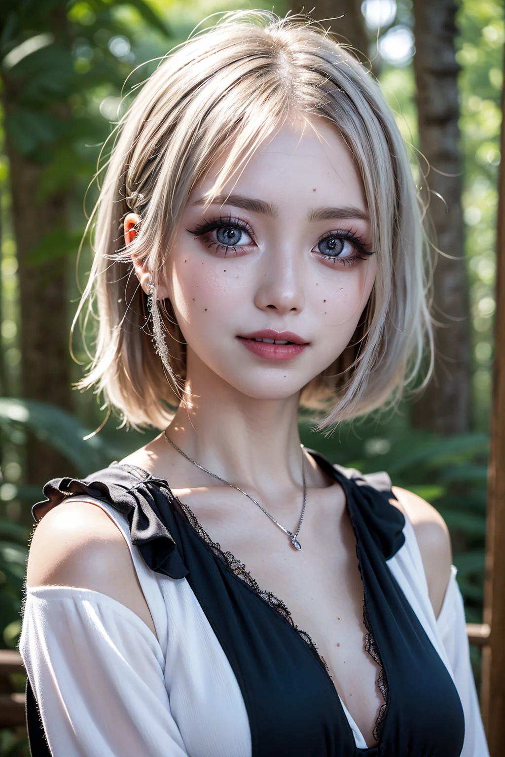 Realistic, masterpiece, Highest quality, Highest Resolution, High Detail, Soft Light, Professional Lighting, Backlight, Film Grain, The background is blurred, Japanese , (The subject was photographed from below, The subject does not look at the camera:1.3), 16 years old, Upper body photo, Looks sleepy, inattention, Grinning, Open your mouth, Beautiful and detailed eye drawing, (Droopy eyes:1.3), Dark Eyes, Thin eyebrows, Draw eyelashes carefully, Eyelash extensions, Gal Makeup, Orange Cheek,  (White brown braids,Short Hair, middle part:1.3), (Hidden eyelid wrinkles:1.3), (Gothic summer , Silver Accessories:1.3), (Summer forest:1.3)