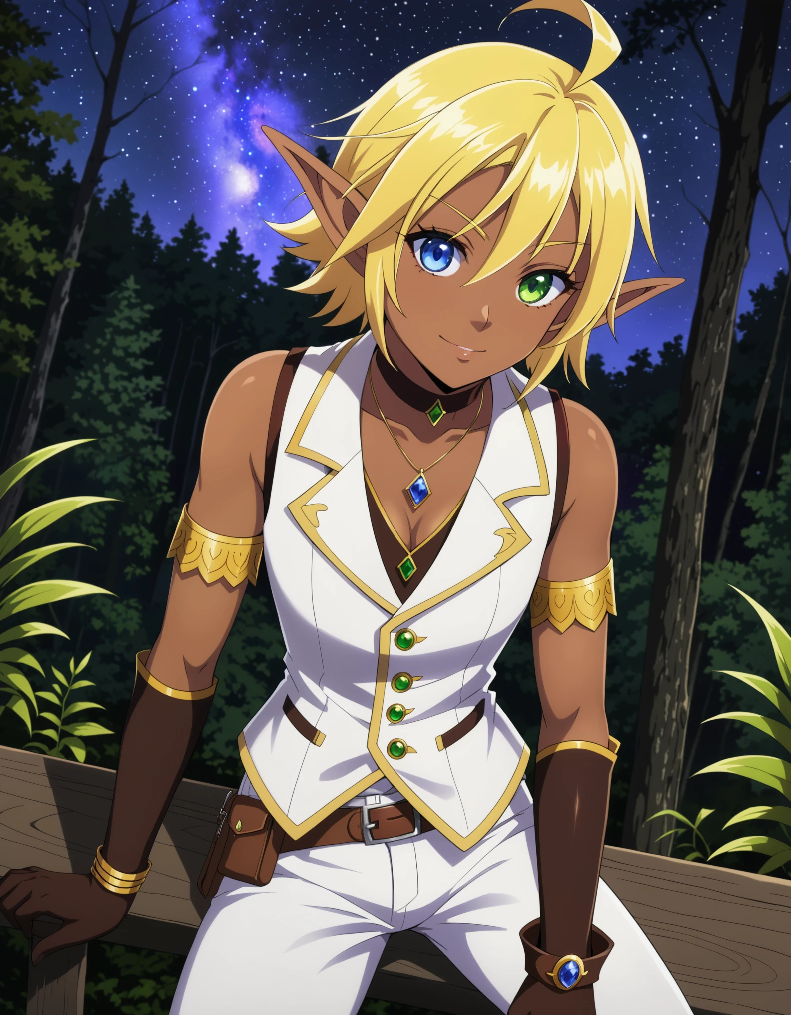 score_9, score_8_up, score_7_up, source_anime,
aurabellafiora,
aura bella fiora, short hair, blue eyes, blonde hair, hair between eyes, green eyes, ahoge, pointy ears, dark skin, heterochromia, elf, dark elf,
gloves, jewelry, necklace, vest, white vest, pants, white pants,
outdoors, night, night sky, forest, nature,
looking at viewer, cowboy shot, dutch angle, solo