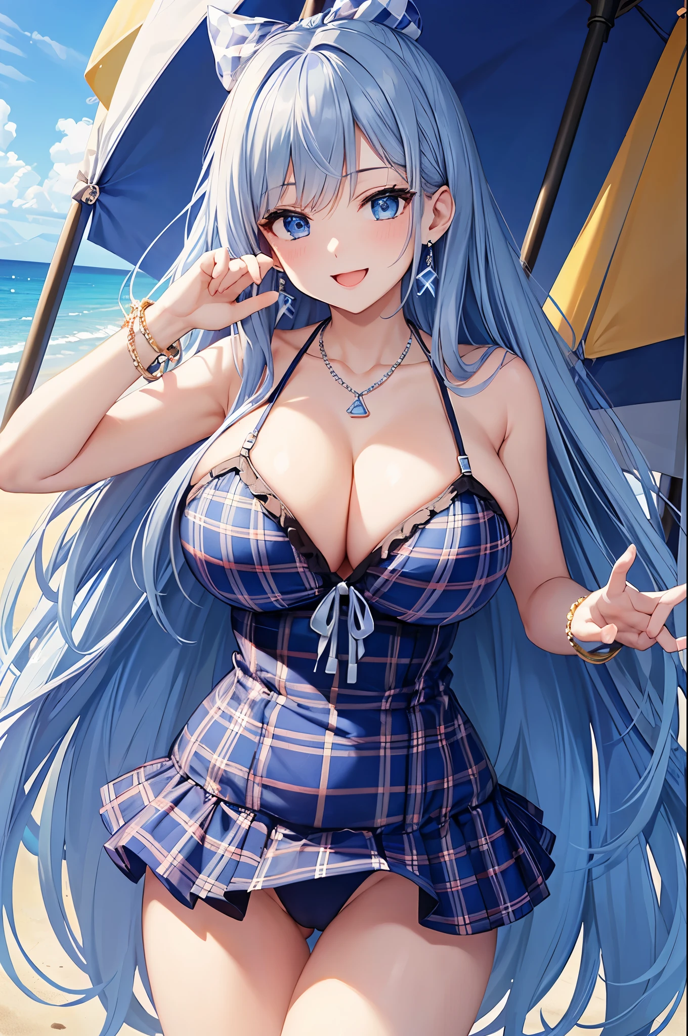 Highest quality、Highest quality、masterpiece、(8K),Beauty(Age 25)、Navy blue long hair、blue eyes、Sexy Bikini(Plaid)、Big cleavage、(Big Breasts)、smile、blue necklace、Blue Earrings、background(Beach)、Please open your mouth wide、White ribbon、bracelet、Dynamic pose