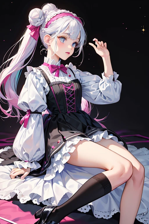 Curious Q.T. has fair skin and soft pink blushed cheeks to match her lipstick. Her eyes are blue, and she has platinum hair worn in braided buns with her bangs left loose and brushed to the side. She wears a black headband with a large bow on it.
Her outfit consists of a light blue dress with puff sleeves and a white collar to match the frilly trim. Above the trim is pattern of magenta and black card symbols. Beneath the chest is a black band with a bow on it. Included are black shoes with a bow on the foot, white socks, and a pair of white and black stripe tights. SPARKLE; GLITTER