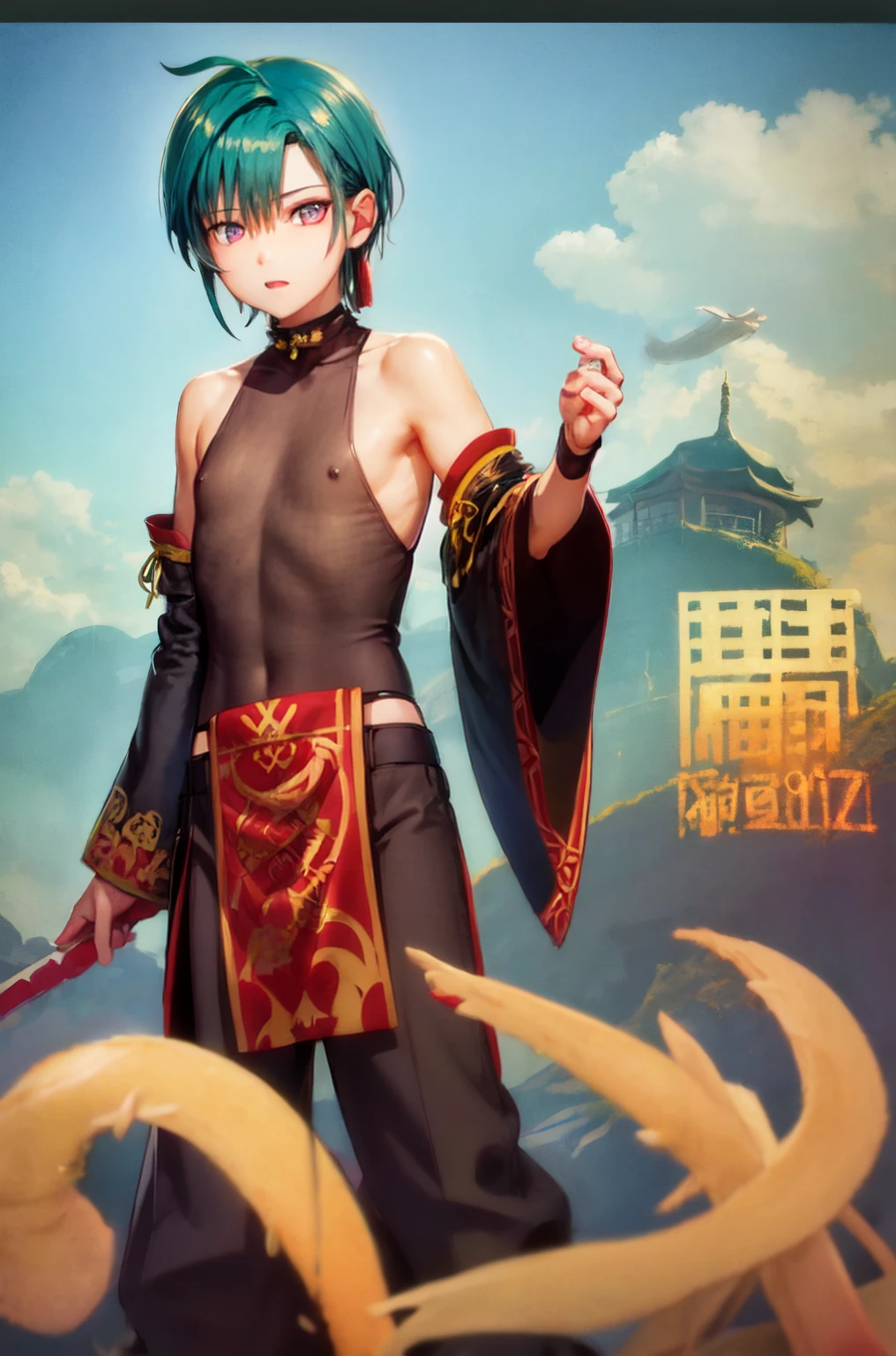 (masterpiece, Highest quality:1.2), Cowboy Shot, alone, 1Other, Lung-hsien, Both have, Virtual YouTuber, Shame face,?mark, View your viewers, Ahoge, Single Blade, Chinese clothing, pants, Earrings, Bare shoulders,Nipples are thin and see-through,Touching the nipples,