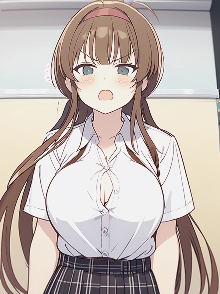 ryoubi \(senran kagura\), (large breasts), (shirt),(tied shirt),(white shirt),bra,short sleeves,(belted skirt),plaid skirt,(black skirt),cleavage, (Embarrassing), (Feeling embarrassed), open mouth, (upper body), (front viewer), (looking at viewer), break, troubled eyebrows, troubled,