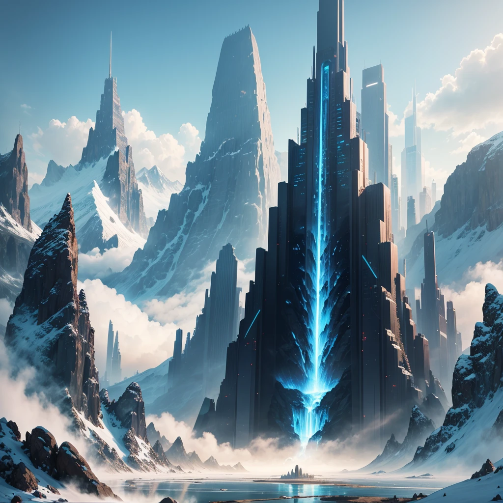 skyscrapers，ＳＦ，super huge mountain，cyber punk，Different world，best quality，8K， Highest quality ultra-high resolution Utopia， Huge Waterfall Nature，masterpiece
