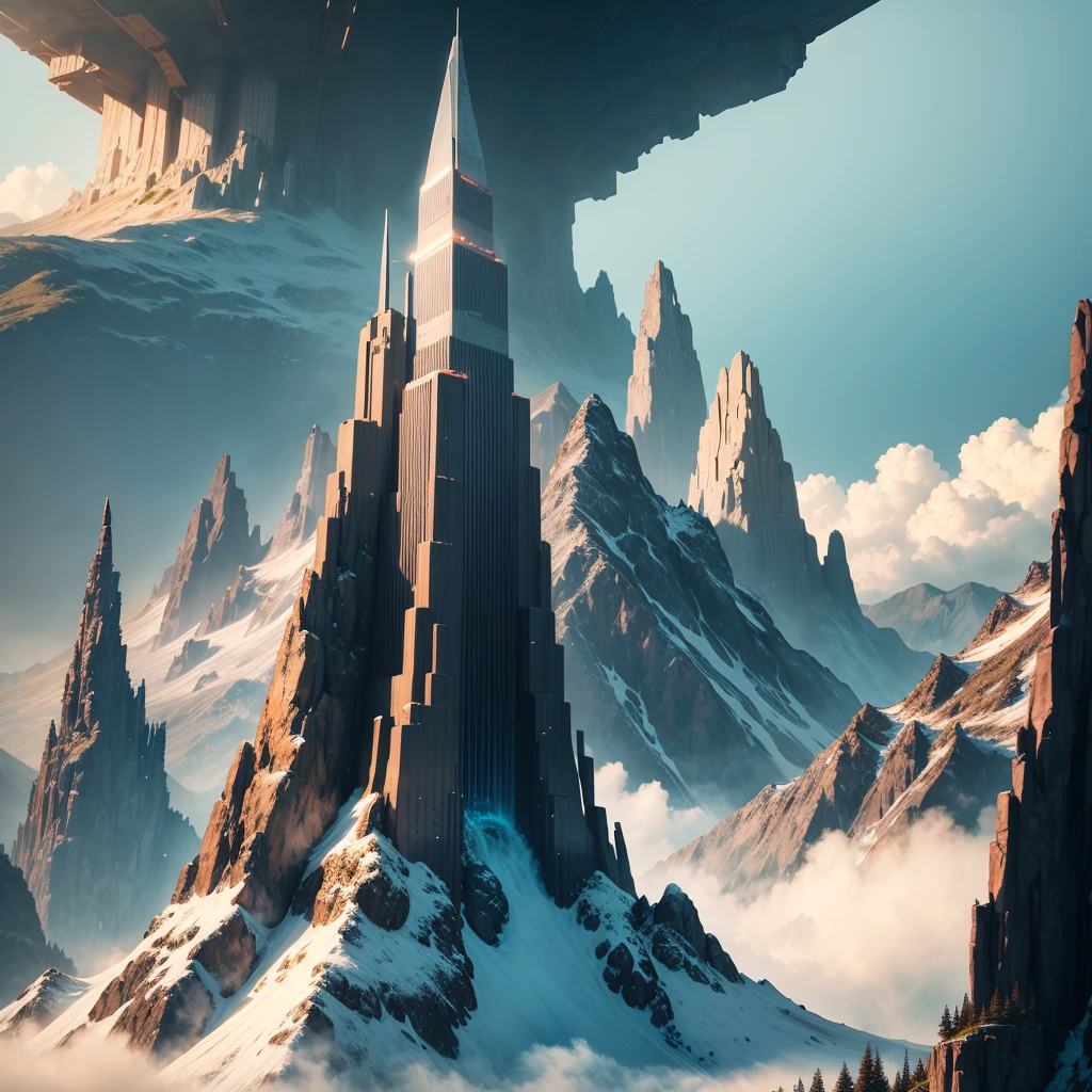 skyscrapers,SF,super huge mountain,cyber punk,Different world,best quality,8K, Highest quality ultra-high resolution Utopia, Huge Waterfall Nature,masterpiece