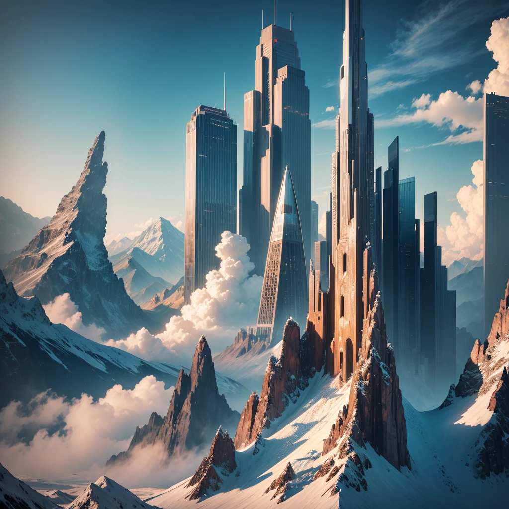 skyscrapers,SF,super huge mountain,cyber punk,Different world,best quality,8K, Highest quality ultra-high resolution Utopia, Huge Waterfall Nature,masterpiece
