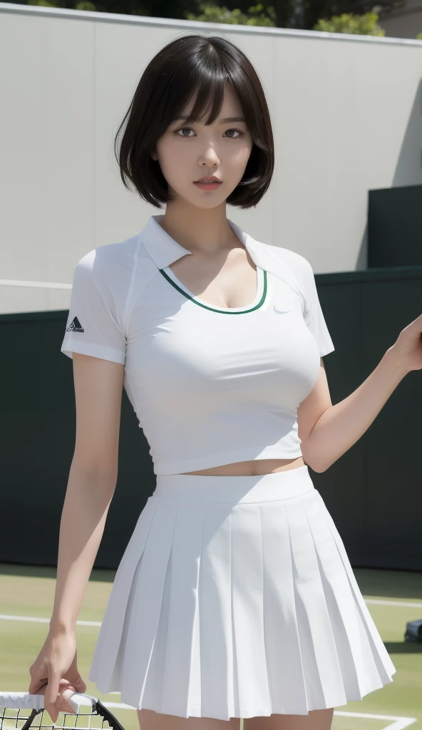 1People Women、shirt、Pleated skirt、38 years old、Bob Hairstyle、超Big Breasts、Big Breasts、、Japanese、Maid、Chromo white skin、Beautiful Eyes、Dignified face、(Big Breasts)、Play tennis、Wimbledon、Wearing white tennis wear、Cinema Lighting、Upper body portrait、