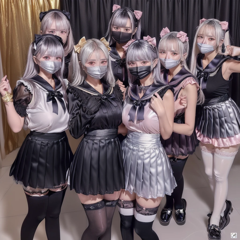 8K resolution, surreal, Super detailed, high quality, perfect anatomy, perfect proportion, full body, 
((((A group photo of home party, crowded festival in room, 8 girls, group photo)))), 
(((((shiny satin, jirai fashion, sailor collar, sailor uniform with many frills, Lace, pleated skirt, micro mini skirt, bow ribbon))))), 
(((black clothes | pink clothes | grey clothes))), 
((grin, smile, happy)), ((((wearing black face mask)))), 
((((bright bleached hair | silver hair | gold hair))))+, ((super large breasts)),  hposing Gravure Idol, 
(((shiny detailed oiled porcelain skin))), 
(At the luxurious bedroom at late night), (((see-through black thighhighs))), 
looking at viewer