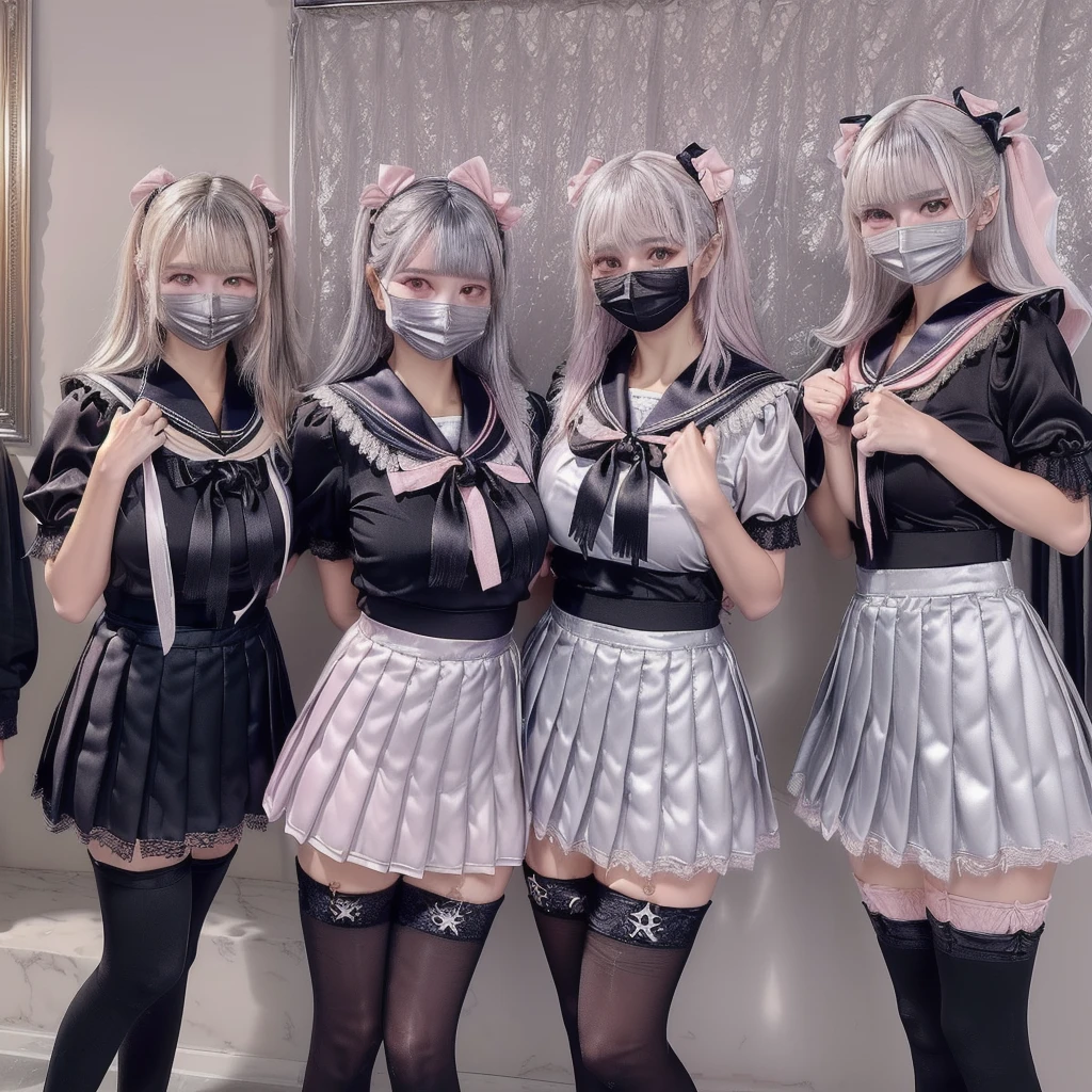 8K resolution, surreal, Super detailed, high quality, perfect anatomy, perfect proportion, full body,
((((A group photo of home party, crowded festival in room, 8 girls, group photo)))),
(((((shiny satin, jirai fashion, sailor collar, sailor uniform with many frills, Lace, pleated skirt, micro mini skirt, bow ribbon))))),
(((black clothes | pink clothes | grey clothes))),
((grin, smile, happy)), ((((wearing black face mask)))),
((((bright bleached hair | silver hair | gold hair))))+, ((super large breasts)), hposing Gravure Idol,
(((shiny detailed oiled porcelain skin))),
(At the luxurious bedroom at late night), (((see-through black thighhighs))),
looking at viewer
