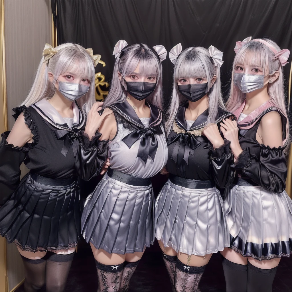 8K resolution, surreal, Super detailed, high quality, perfect anatomy, perfect proportion, full body,
((((A group photo of home party, crowded festival in room, 8 girls, group photo)))),
(((((shiny satin, jirai fashion, sailor collar, sailor uniform with many frills, Lace, pleated skirt, micro mini skirt, bow ribbon))))),
(((black clothes | pink clothes | grey clothes))),
((grin, smile, happy)), ((((wearing black face mask)))),
((((bright bleached hair | silver hair | gold hair))))+, ((super large breasts)), hposing Gravure Idol,
(((shiny detailed oiled porcelain skin))),
(At the luxurious bedroom at late night), (((see-through black thighhighs))),
looking at viewer