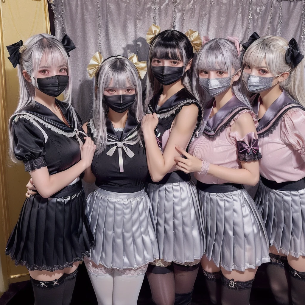 8K resolution, surreal, Super detailed, high quality, perfect ???????, perfect proportion, full body, 
((((A group photo of home party, crowded festival in room, 8 girls, group photo)))), 
(((((shiny satin, jirai fashion, sailor collar, sailor uniform with many frills, Lace, pleated skirt, micro mini skirt, bow ribbon))))), 
(((black clothes | pink clothes | grey clothes))), 
((grin, smile, happy)), ((((wearing black face mask)))), 
((((bright bleached hair | silver hair | gold hair))))+, ((super large breasts)),  hposing Gravure Idol, 
(((shiny detailed oiled porcelain skin))), 
(At the luxurious bedroom at late night), (((see-through black thighhighs))), 
looking at viewer